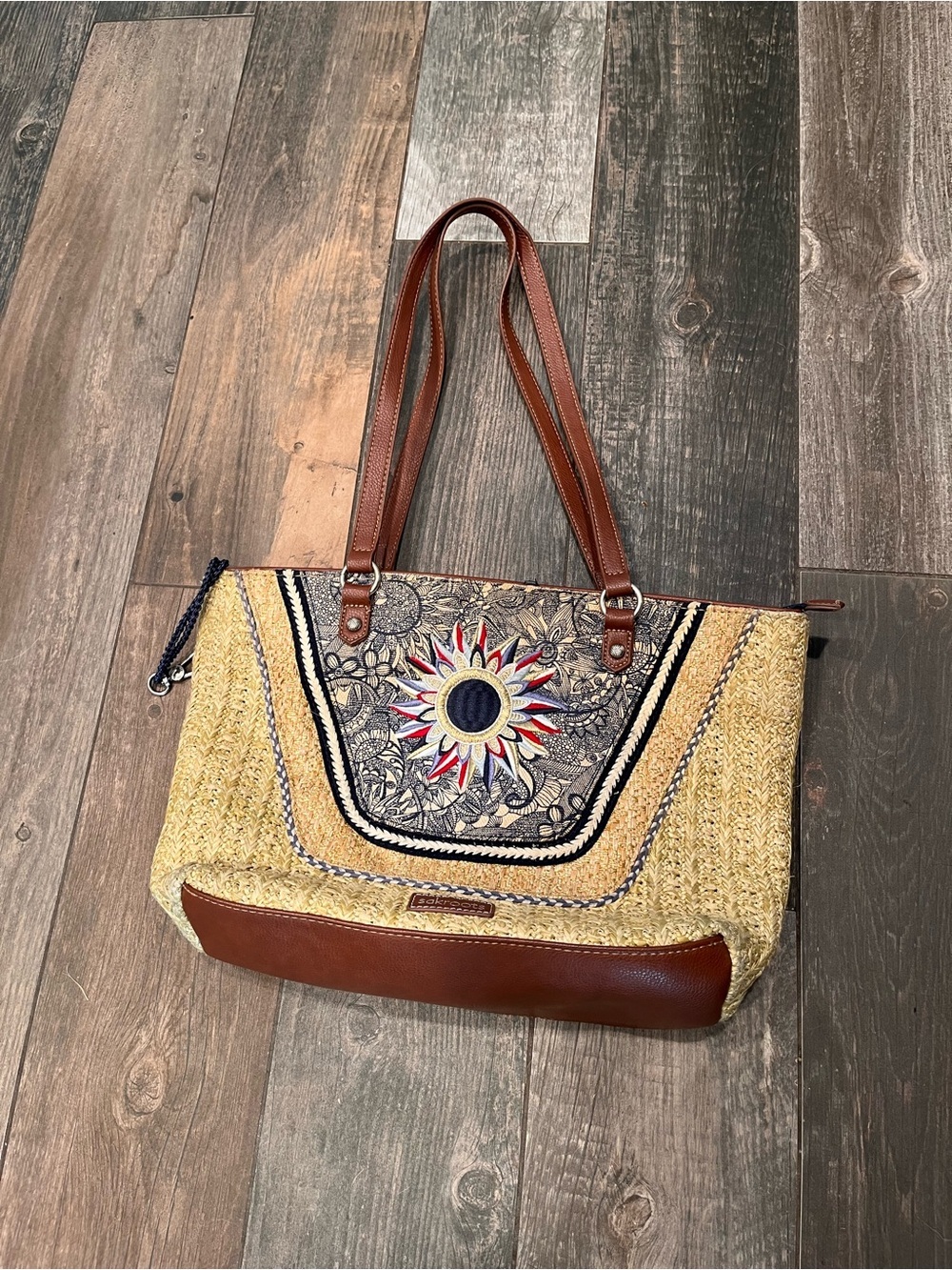 Sakroots Straw Tote Bag Medium Blue Brown Embroidered Bag Bohemian "Meadow"
